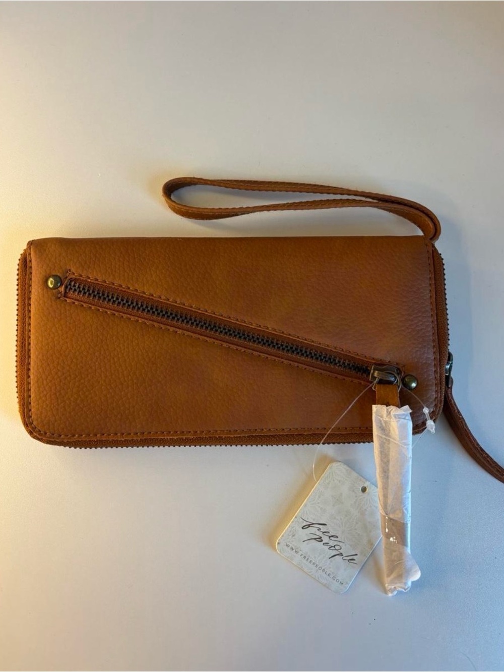 Free People Tan Wristlet Wallet with Diagonal Zip